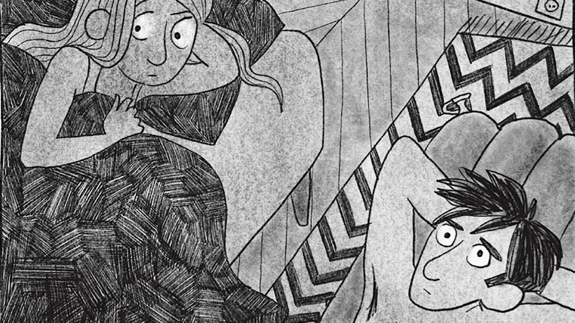 Auszug aus dem Comic Schichten: Zu sehen ist ein Paar. Links liegt die Frau auf einem Sofa. Der Mann ihr zu Füßen auf einem Bettvorleger. Auszug aus dem Comic Schichten: Zu sehen ist ein Paar. Links liegt die Frau auf einem Sofa. Der Mann ihr zu Füßen auf einem Bettvorleger.