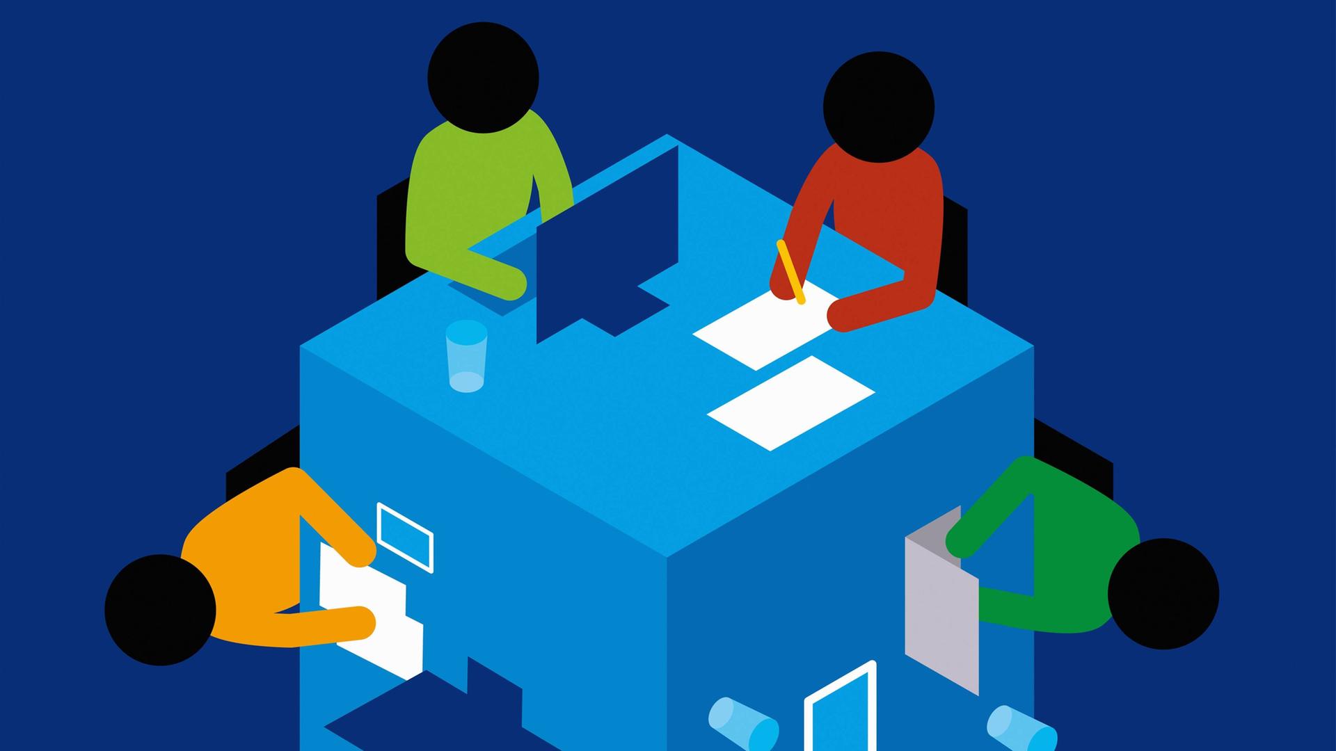 Illustration: Menschen teilen sich einen würfelförmigen Schreibtisch und arbeiten gemeinsam an ihrem Laptop. Illustration: Menschen teilen sich einen würfelförmigen Schreibtisch und arbeiten gemeinsam an ihrem Laptop.