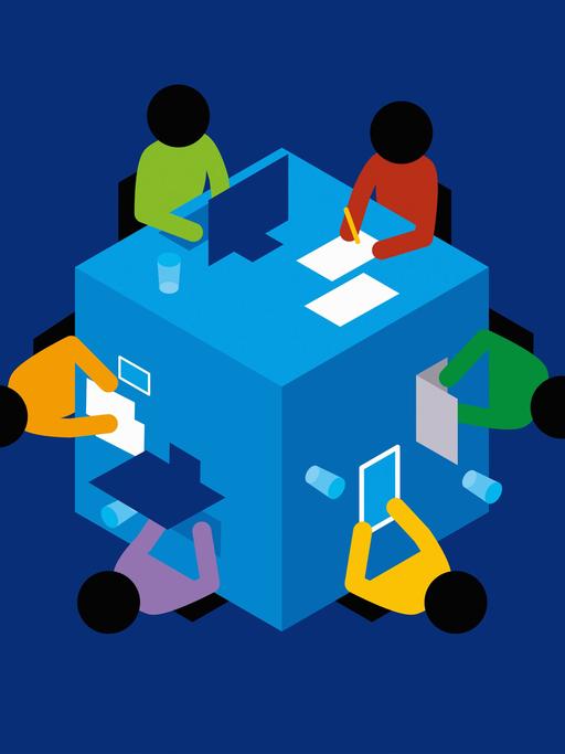 Illustration: Menschen teilen sich einen würfelförmigen Schreibtisch und arbeiten gemeinsam an ihrem Laptop.