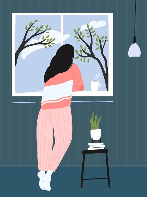 Illustration einer jungen Frau die am Fenster steht und nach draußen schaut