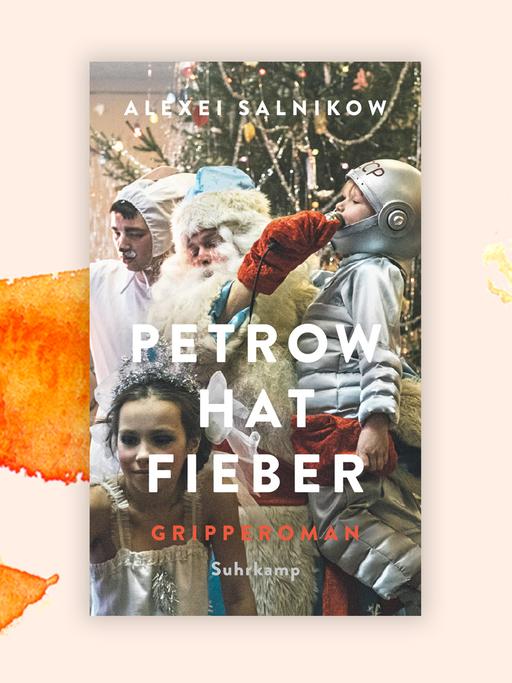 Das Cover des Romans von Alexei Salnikow, "Petrow hat Fieber" auf orange-weißem Grund. Es zeigt eine lebhafte Szene vor einem Weihnachtsbaum. Im Vordergrund rechts wird ein Kind im Astronautenkostüm von einem Mann im Weihnachsmannkostüm hochgehalten, im Vordergrund links ein Mädchen in weißem Kleid und mit silbernem Haarschmuck. Links hinter der Person im Weihnachtsmannkostüm steht ein weiterer Mann, der eine Mütze aufhat, an die hasenohrartige Applikationen angebracht sind.