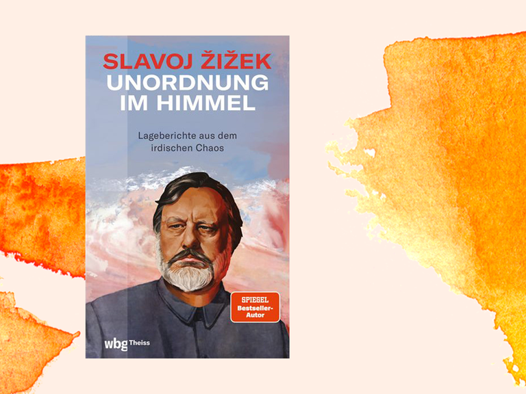 Buchcover zu "Unorndung im Himmel" von Slavoj Zizek mit ihm auf dem Titel auf orangefarbenem Aquarellhintergrund.