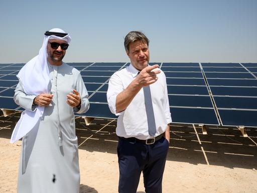 Robert Habeck (Bündnis 90/Die Grünen), Bundesminister für Wirtschaft und Klimaschutz, und Mohamed Jameel Al Ramahi, CEO der Abu Dhabi Future Energy Company (Masdar), vor einer großflächigen Solaranlage