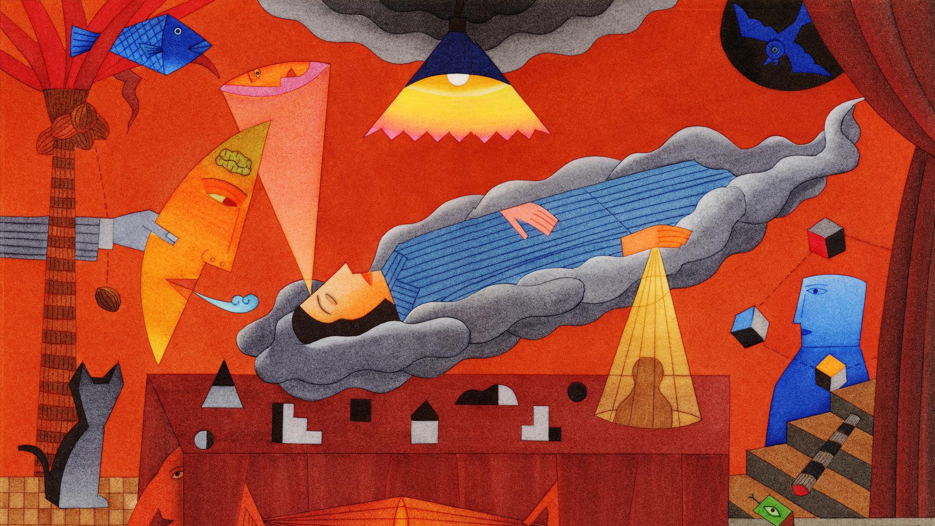 Frau schläft auf einer Wolke in surrealer Abstraktion. Frau schläft auf einer Wolke in surrealer Abstraktion.