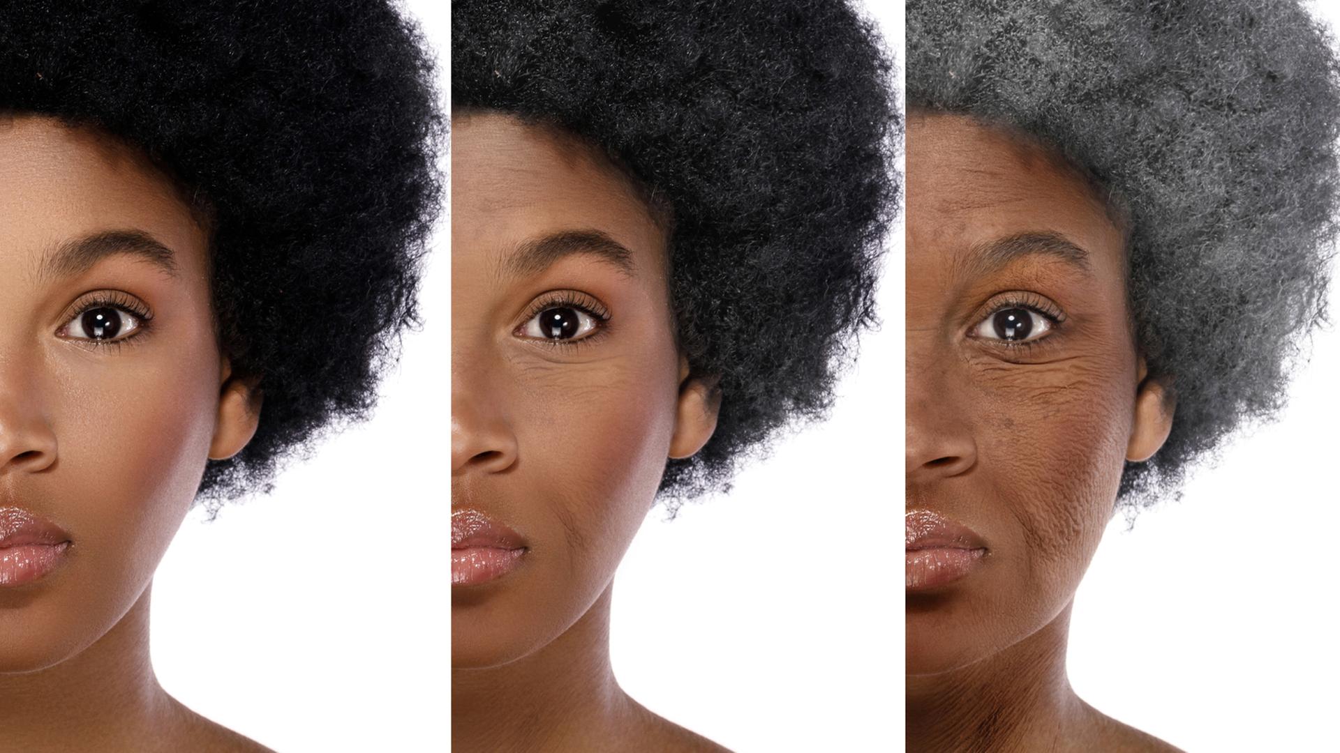 Portrait (Auschnitt) einer schwarzen Frau in drei unterschiedlichen Lebensaltern, von jung (links) nach älter (rechts) (Symbolbild)