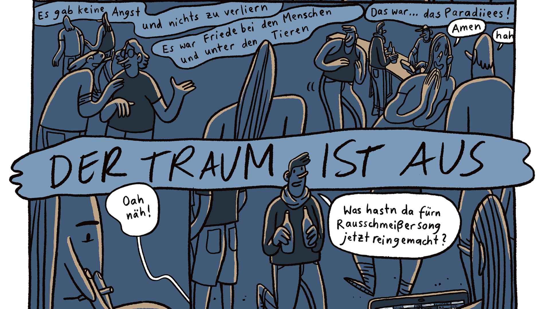 Seite von Daniele Heller zum Song "Der Traum ist aus" aus dem Comic "Keine Macht für Niemand – ein Ton Steine Scherben Songcomic", Ventil Verlag 2022. Es sind Menschen in einer Club-Szenerie zu sehen und Textzeilen. Seite von Daniele Heller zum Song "Der Traum ist aus" aus dem Comic "Keine Macht für Niemand – ein Ton Steine Scherben Songcomic", Ventil Verlag 2022. Es sind Menschen in einer Club-Szenerie zu sehen und Textzeilen.