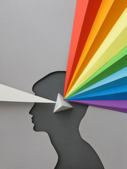 Aus Papier geschnittene Illustration eines Kopfes in dessen Mitte ein Prisma sitzt welches einen grauen Lichtstrahl in das gesamte Spektrum bricht