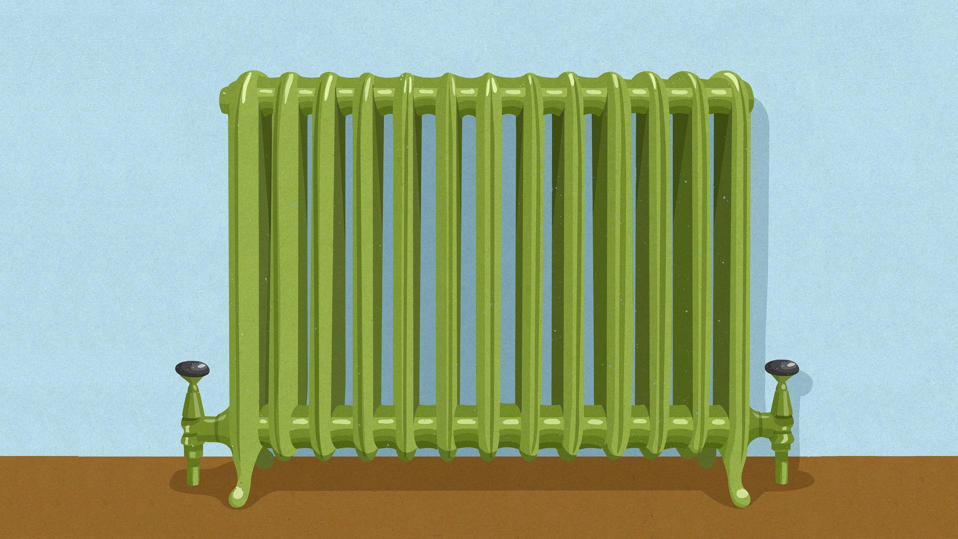 Illustration: Klassischer Heizkörper in grün vor blauer Wand. Illustration: Klassischer Heizkörper in grün vor blauer Wand.