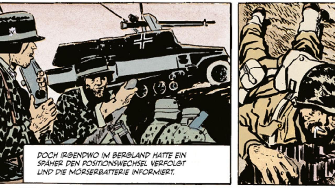 Eine Szene aus dem Comic: Soldaten in schwarzer Uniform mit einem Panzer. Eine Szene aus dem Comic: Soldaten in schwarzer Uniform mit einem Panzer.