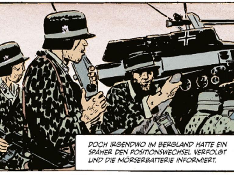 Eine Szene aus dem Comic: Soldaten in schwarzer Uniform mit einem Panzer.