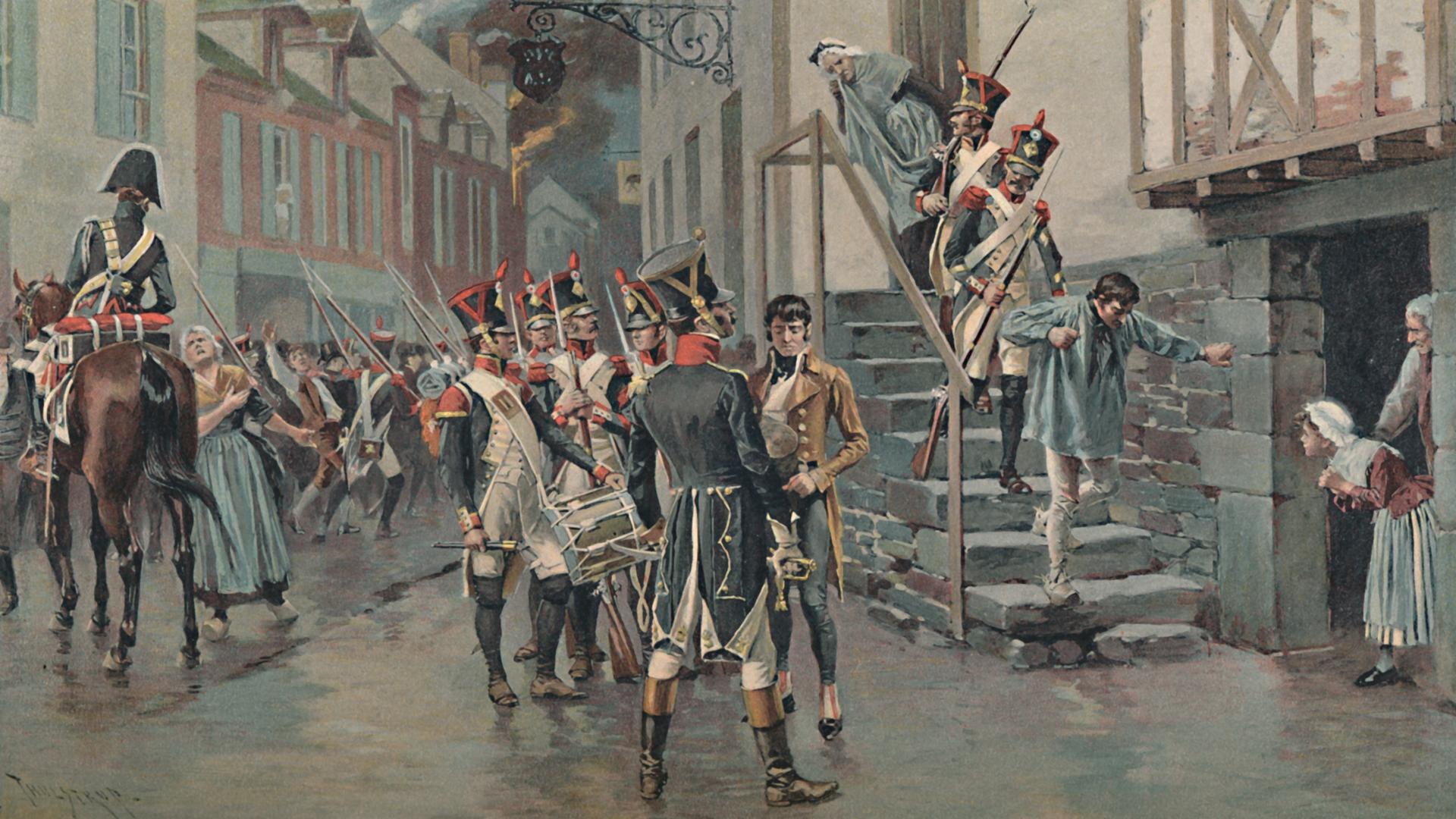 Eine historische Darstellung aus dem 19. Jahrhundert zeigt die Festnahme von desertierten Soldaten. Eine historische Darstellung aus dem 19. Jahrhundert zeigt die Festnahme von desertierten Soldaten.