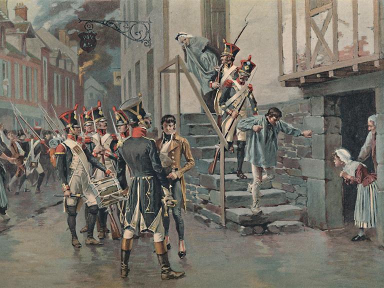 Eine historische Darstellung aus dem 19. Jahrhundert zeigt die Festnahme von desertierten Soldaten.