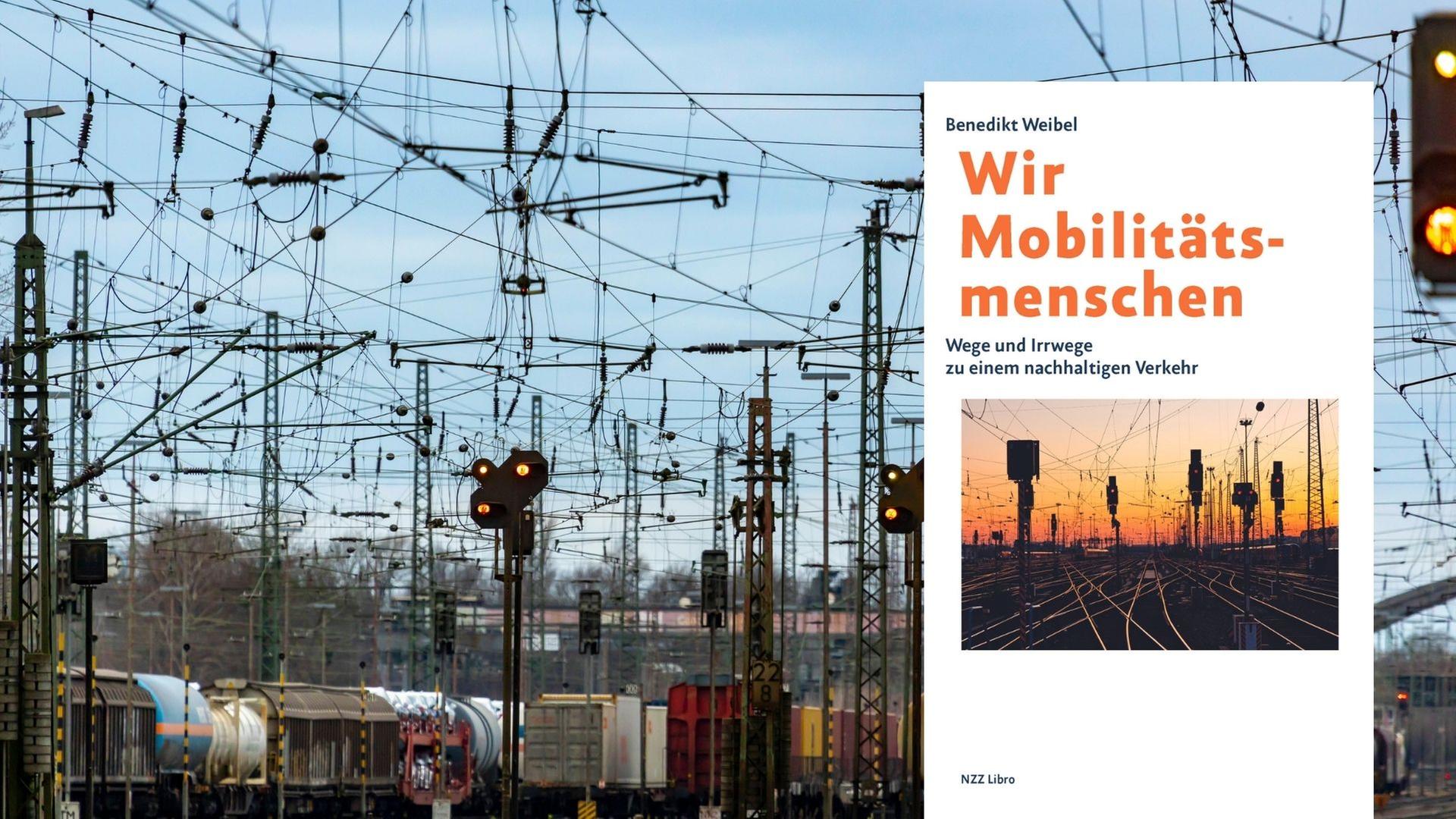 Buchcover: Benedikt Weibel: "Wir Mobilitätsmenschen", im Hintergrund Bahngleise. Buchcover: Benedikt Weibel: "Wir Mobilitätsmenschen", im Hintergrund Bahngleise.