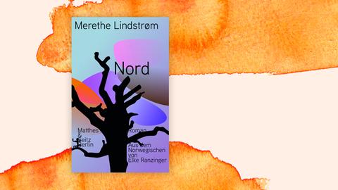 Das Cover des Buches "Nord" von Merethe Lindstrøm zeigt die schwarze Silhouette eines großen Baums mit dicken kahlen Ästen vor einem orangenen Hintergrund.