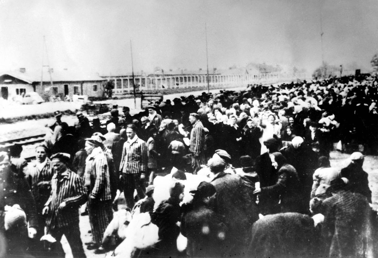 Auschwitz. Zahlreiche Menschen in Zivil und in Häftlingskleidung stehen an einem Bahnsteig eng beieinander. 