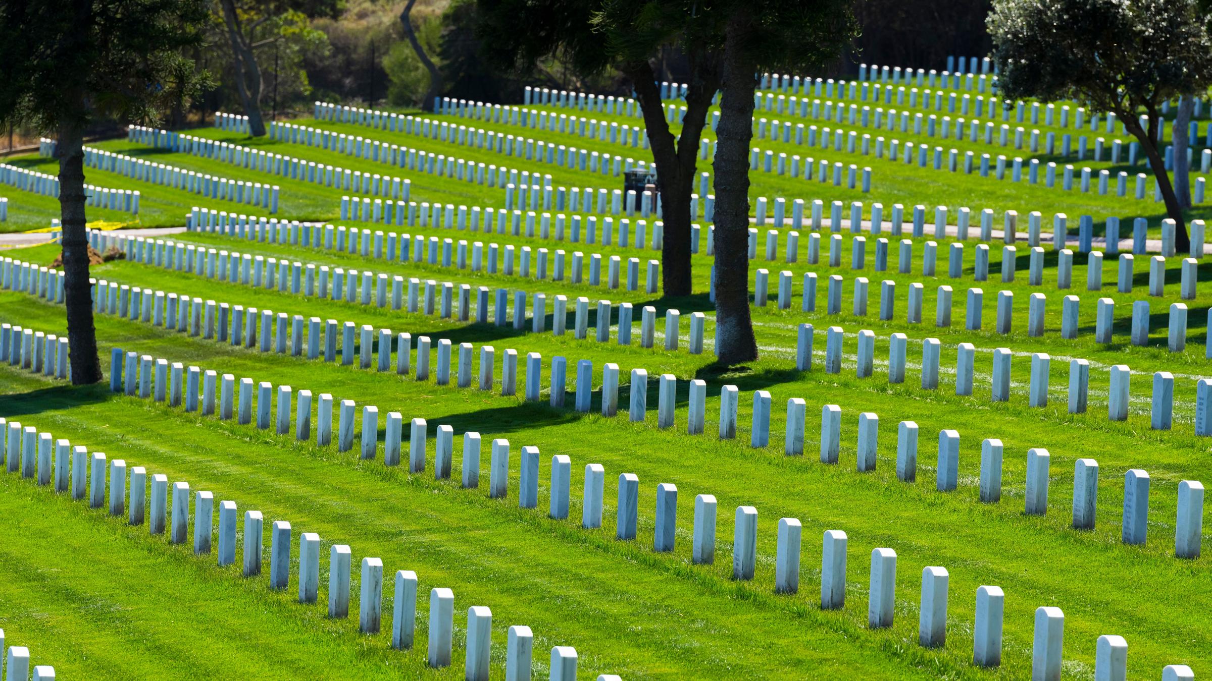 Ein Veteranenfriedhof in den USA: Viele schmale, hohe und helle Grabsteine stehen auf einer großen Rasenfläche.