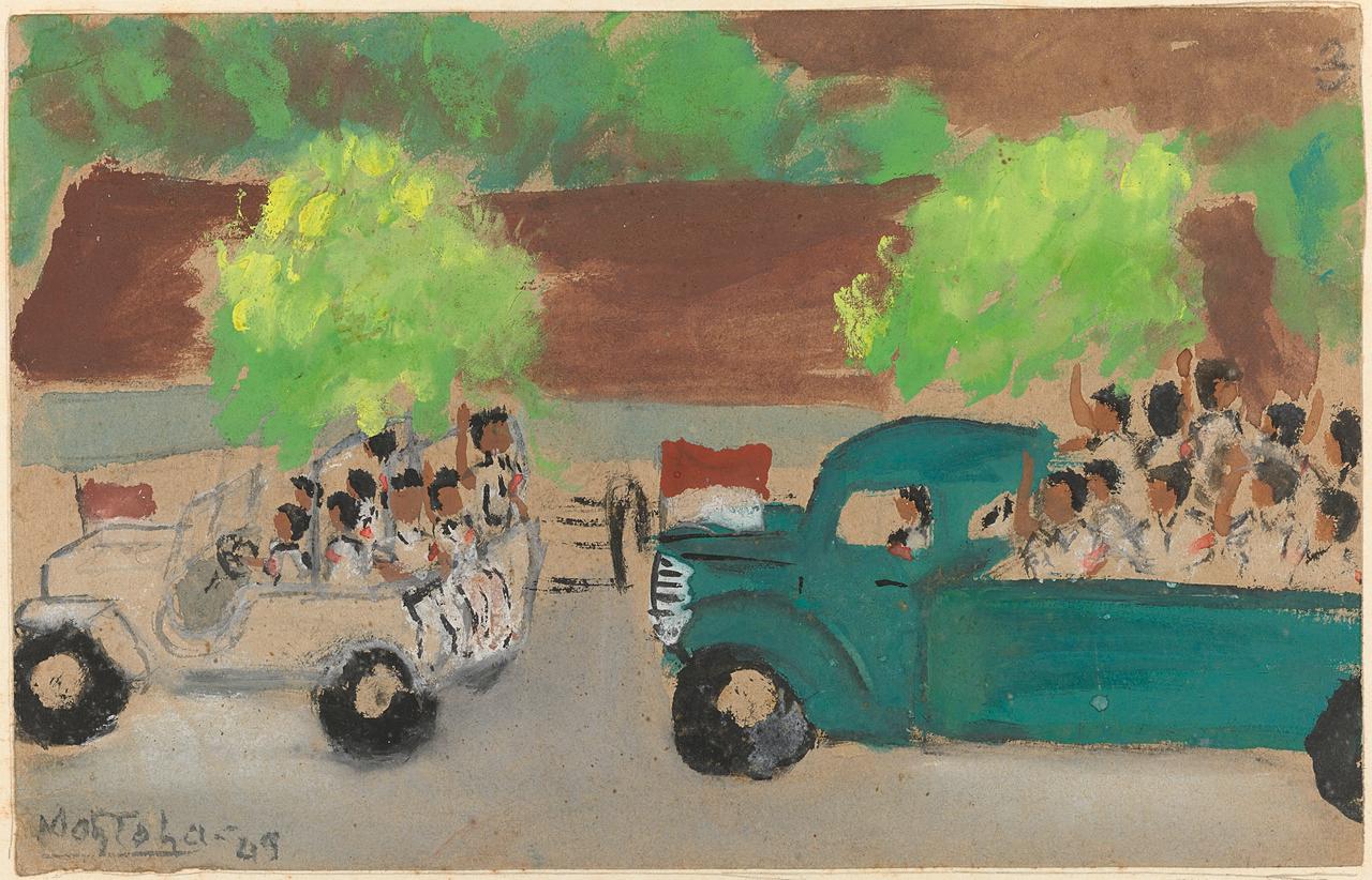 Gambar anak-anak memperlihatkan sebuah jip dan sebuah truk penuh tentara menyusuri jalan.