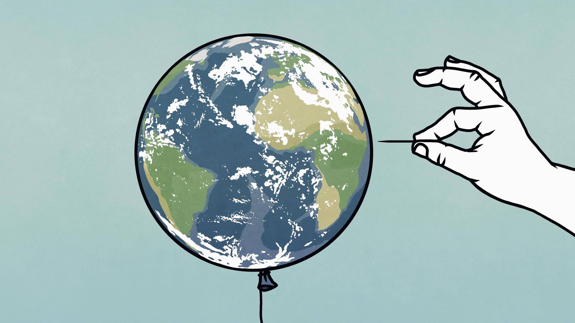 Illustration: Eine Hand mit Stecknadel pickst in einen Weltkugel-Ballon. Illustration: Eine Hand mit Stecknadel pickst in einen Weltkugel-Ballon.