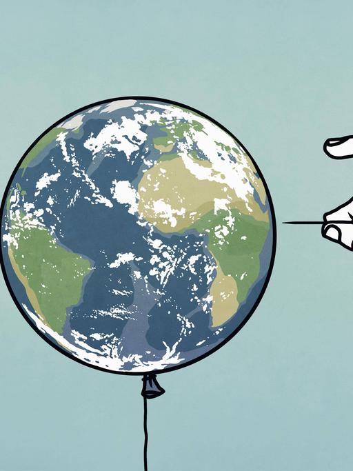 Illustration: Eine Hand mit Stecknadel pickst in einen Weltkugel-Ballon.