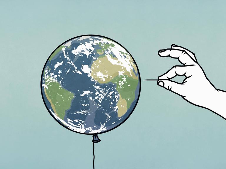 Illustration: Eine Hand mit Stecknadel pickst in einen Weltkugel-Ballon.