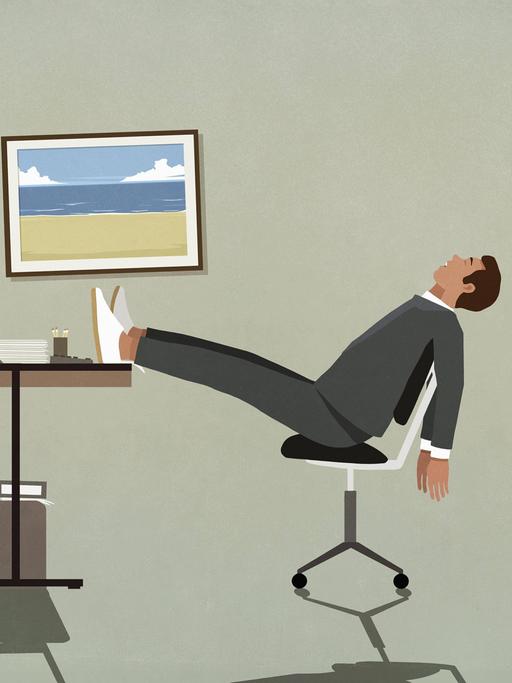 Illustration: Ein erschöpfter Mann legt im Büro seine Füße auf den Tisch, davor stehen Akten auf dem Boden.