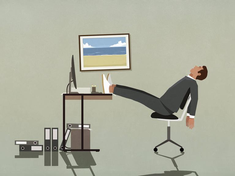 Illustration: Ein erschöpfter Mann legt im Büro seine Füße auf den Tisch, davor stehen Akten auf dem Boden.