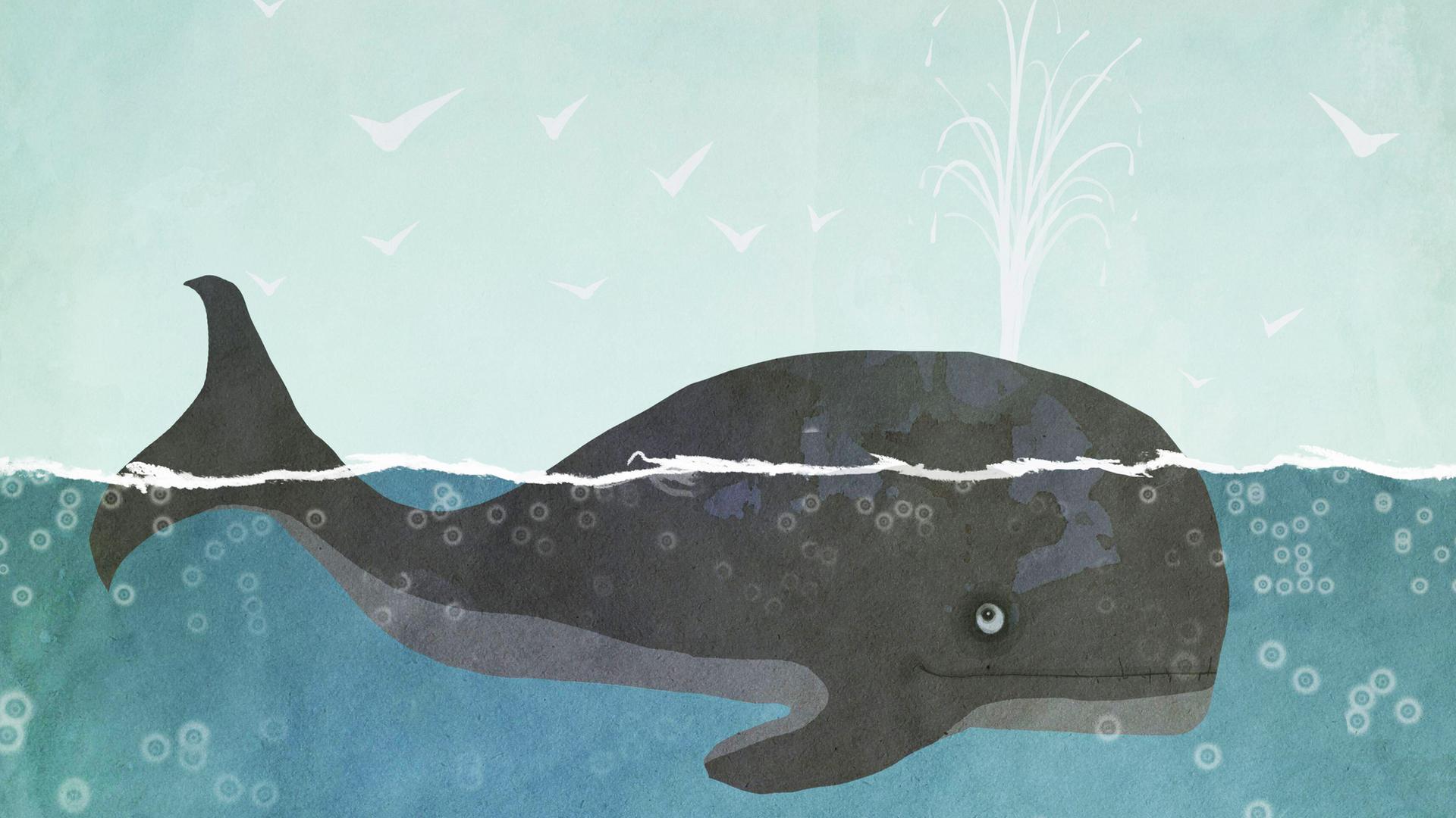 Illustration eines im Meer schwimmenden Wals . Illustration eines im Meer schwimmenden Wals .