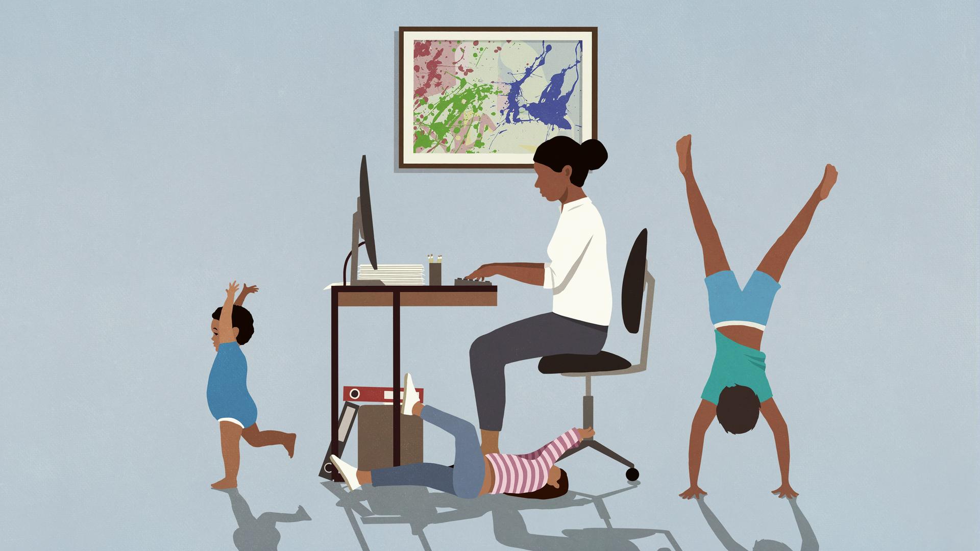 Illustration einer Mutter, die am Schreibtisch an einem Computer arbeitet. Neben ihr turnen drei Kinder durchs Zimmer. Sie lässt sich nicht von ihnen beirren.