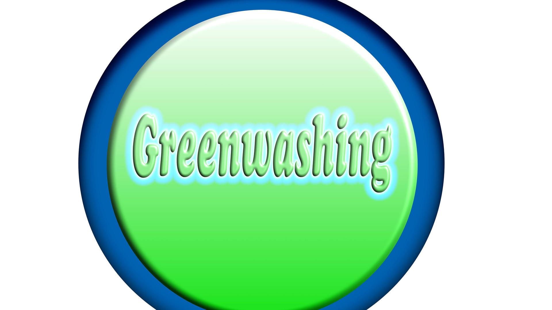 Ein Kreis mit blauem Rand, in dem auf dunklerem grünen Untergrund in hellerem Grün das Wort "Greenwashing" steht. Ein Kreis mit blauem Rand, in dem auf dunklerem grünen Untergrund in hellerem Grün das Wort "Greenwashing" steht.