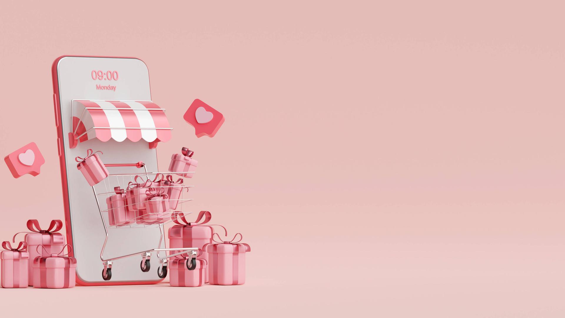 Illustration eines Smartphones mit Markise und Geschenken davor, als wäre es ein kleiner Laden. Illustration eines Smartphones mit Markise und Geschenken davor, als wäre es ein kleiner Laden.