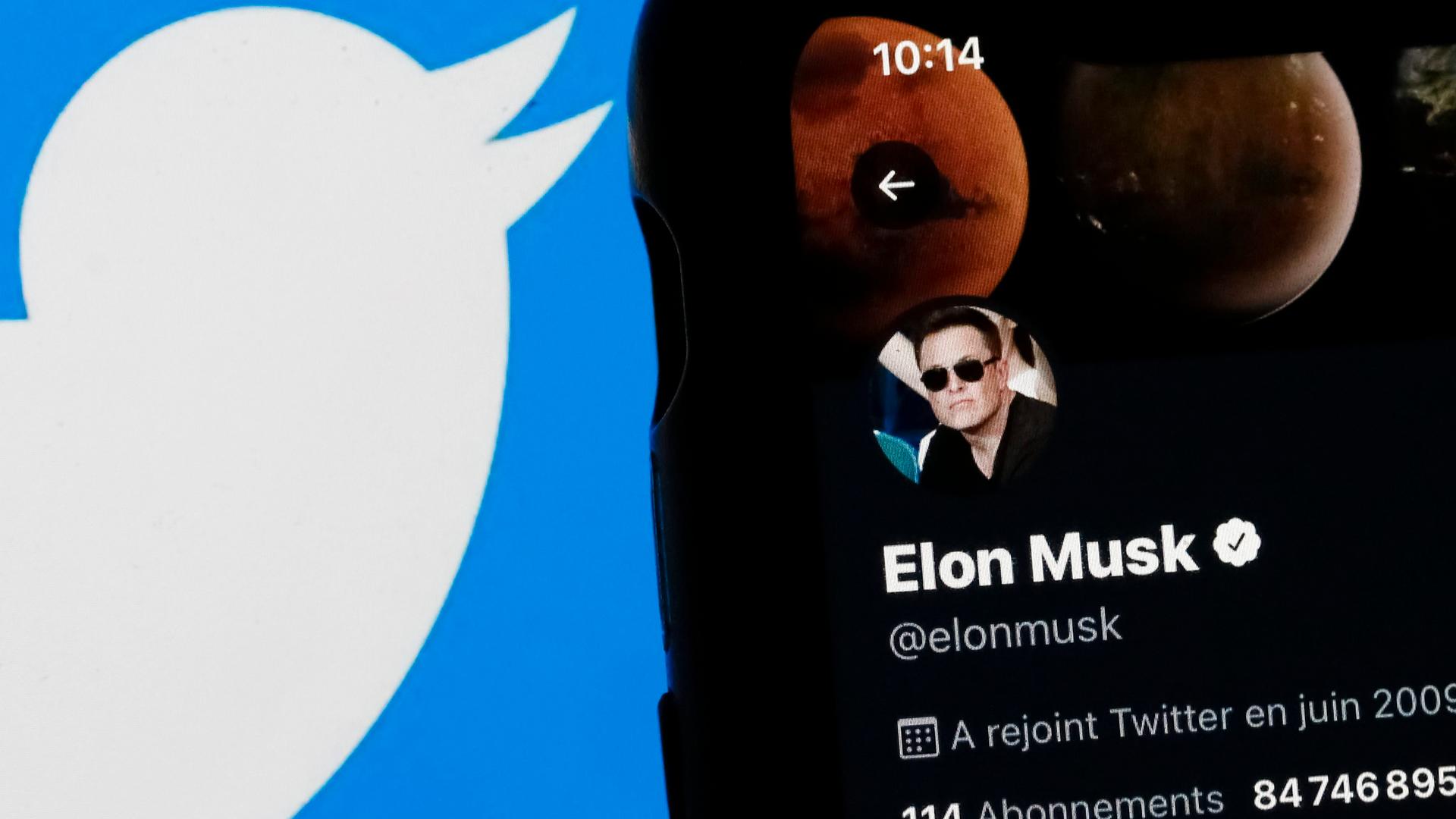 Elon Musks Twitter Profil auf einem Smartphone, daneben das Logo von Twitter Elon Musks Twitter Profil auf einem Smartphone, daneben das Logo von Twitter