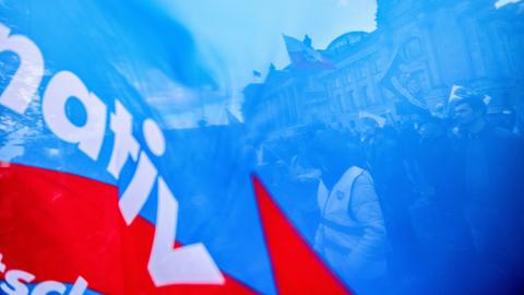 Demonstranten vor dem Berliner Reichstag sind durch den blauen Stoff einer AfD-Parteiflagge hindurch zu sehen.