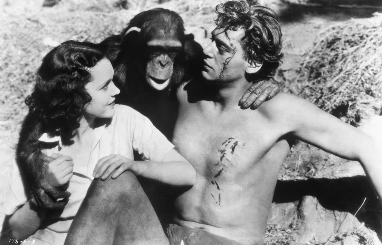 Szene aus dem Film "Tarzan – Herr des Urwalds" (Tarzan, the Ape Man) 1932. Jane Parker (Maureen O'Sullivan), der Schimpanse Cheetah und Tarzan (Johnny Weissmüller) Regie: W.S. Van Dyke