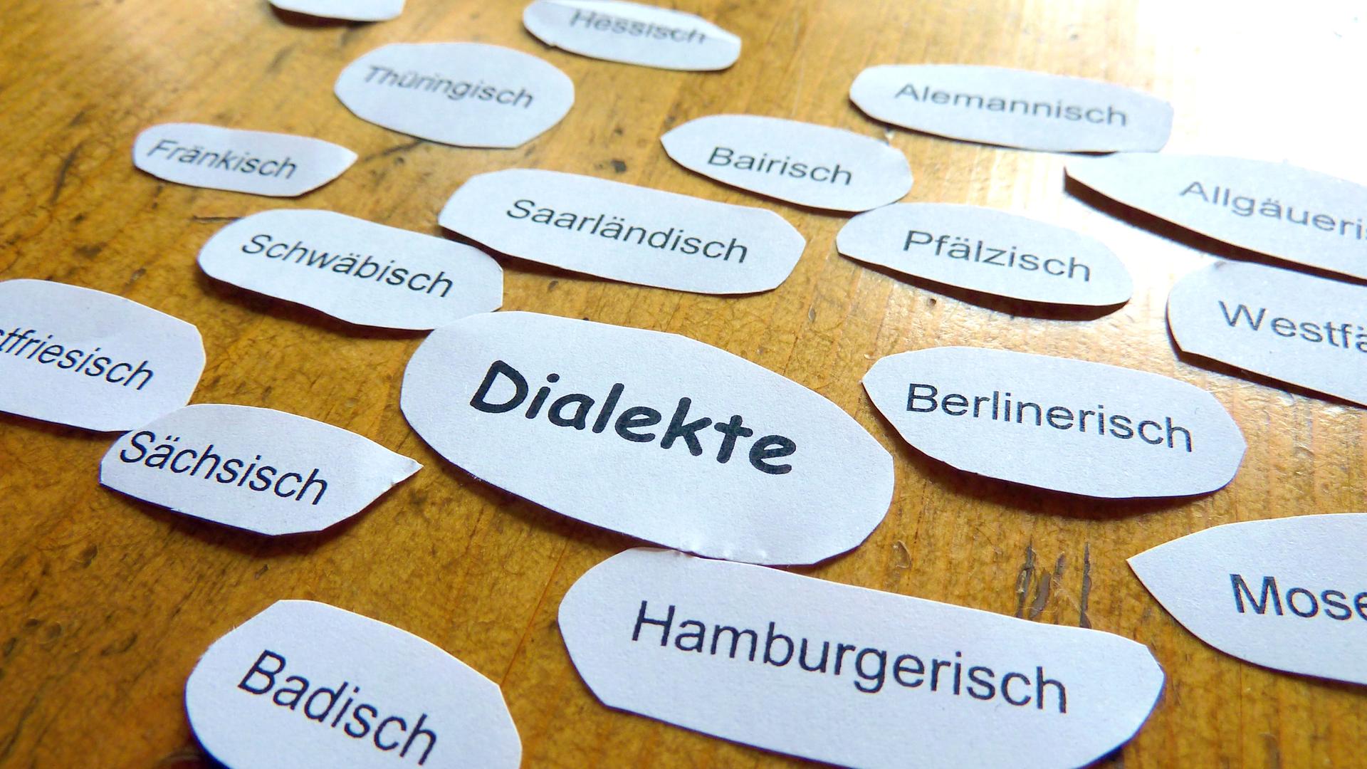 Papierausschnitte mit den Namen mehrerer deutscher Dialekte liegen auf einem Holztisch.