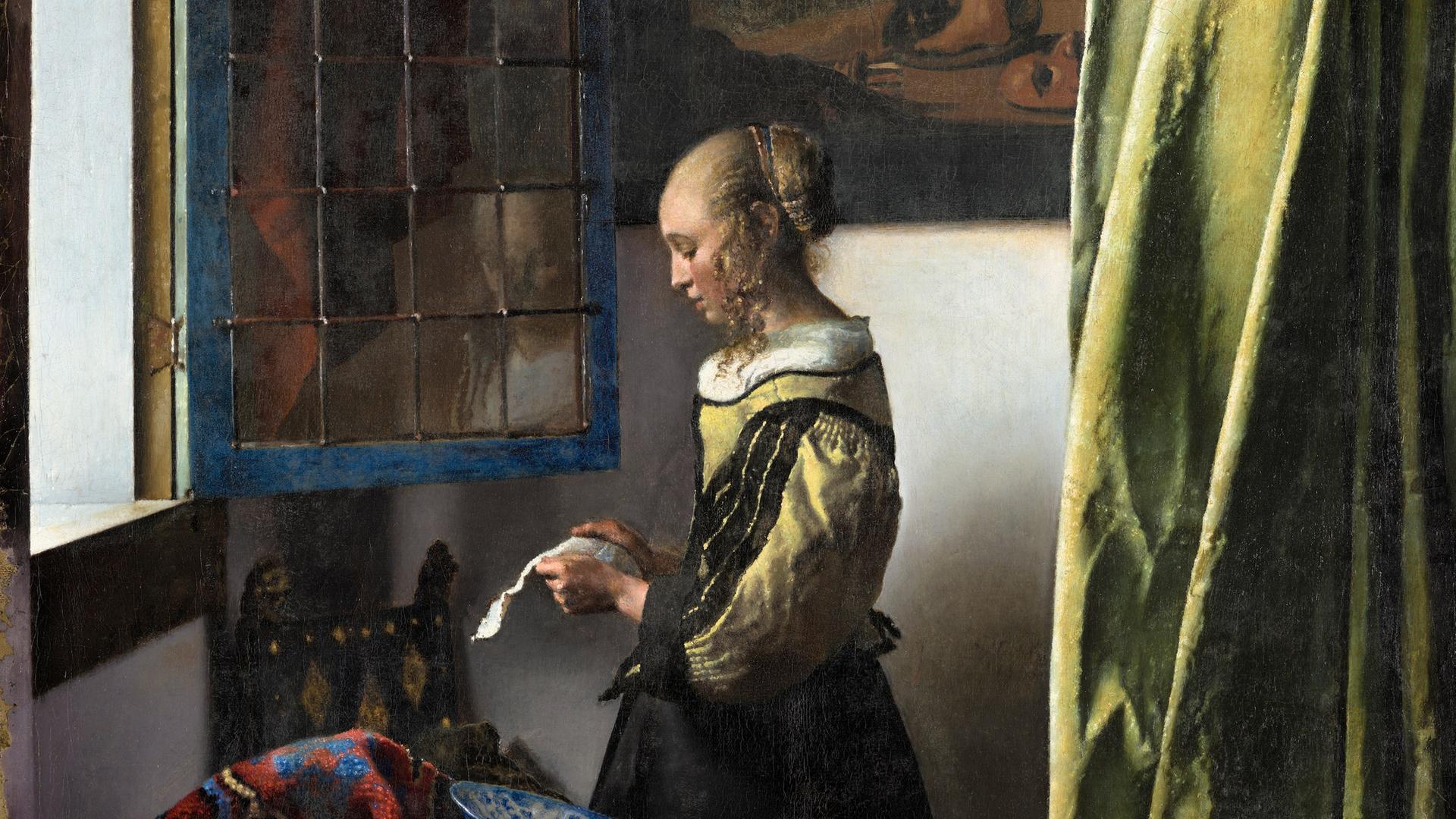 Brieflesendes Mädchen am offenen Fenster; Gesamtaufnahme nach der Restaurierung. Brieflesendes Mädchen am offenen Fenster; Gesamtaufnahme nach der Restaurierung.