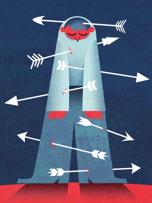 Illustration: Ein Mann durchbohrt von vielen Pfeilen.