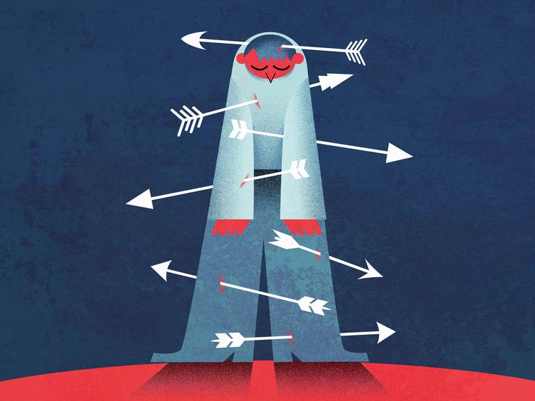 Illustration: Ein Mann durchbohrt von vielen Pfeilen.