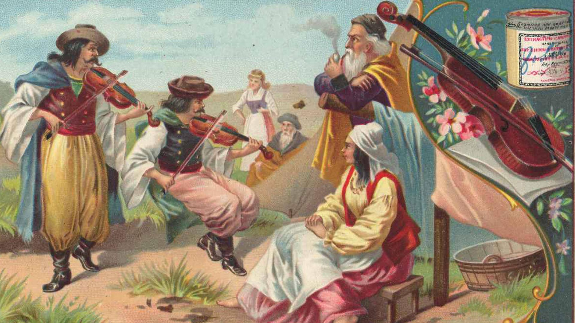 Eine historische Zeichnung, die zwei Männer zeigt, die Geige spielen. Ihnen gegenüber sitzen und stehen weitere Frauen und Männer, die den beiden zuhören. Es sollen Sinti und Roma sein. Eine historische Zeichnung, die zwei Männer zeigt, die Geige spielen. Ihnen gegenüber sitzen und stehen weitere Frauen und Männer, die den beiden zuhören. Es sollen Sinti und Roma sein.