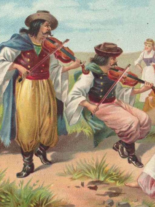 Eine historische Zeichnung, die zwei Männer zeigt, die Geige spielen. Ihnen gegenüber sitzen und stehen weitere Frauen und Männer, die den beiden zuhören. Es sollen Sinti und Roma sein.
