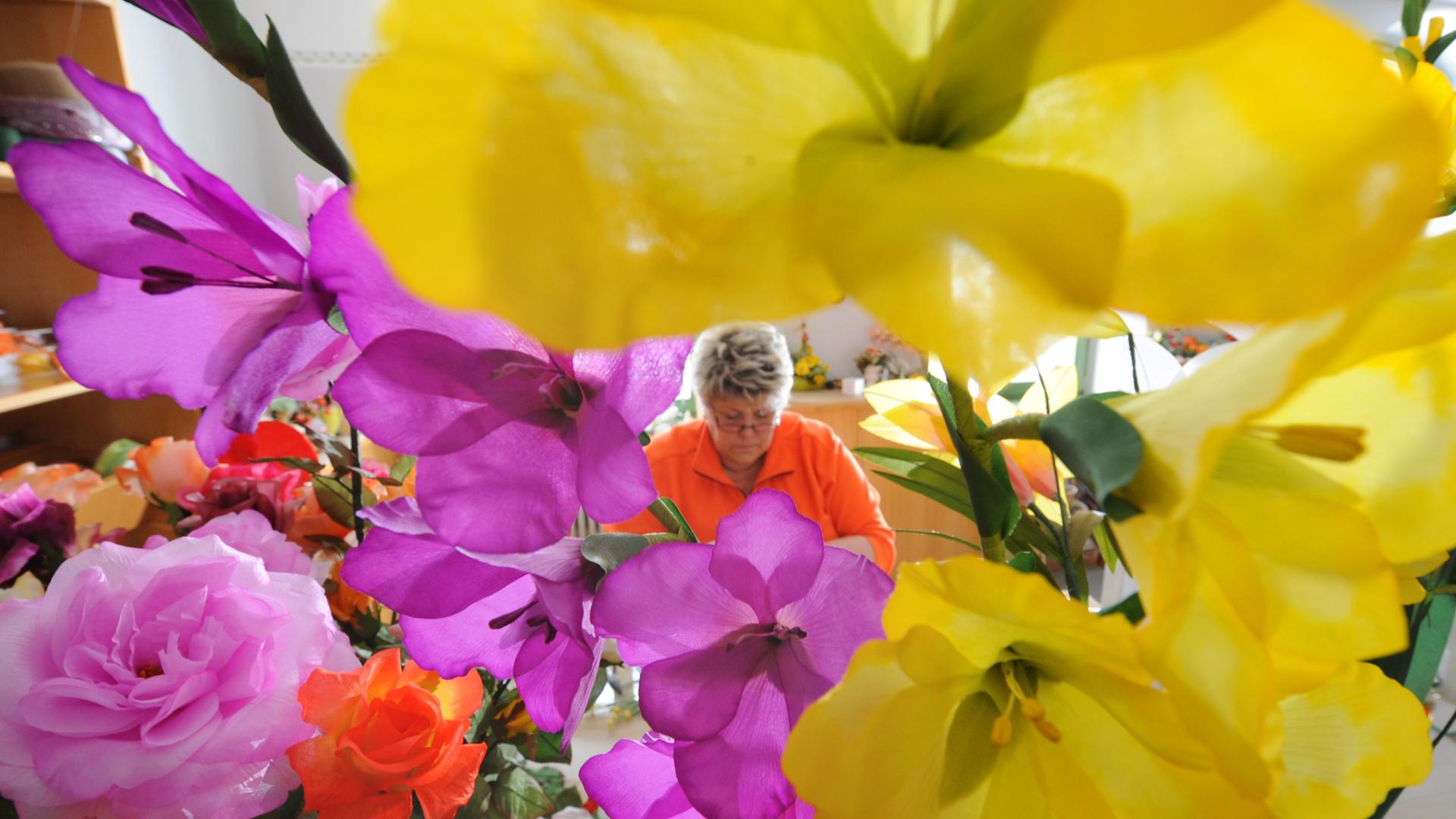 Im Vordergrund sind in der Schauwerkstatt "Deutsche Kunstblume Sebnitz" üppige, verschiedenfarbige Kunstblumen zu sehen, im Hintergrund eine Frau, die weitere Blumen fertigt. Im Vordergrund sind in der Schauwerkstatt "Deutsche Kunstblume Sebnitz" üppige, verschiedenfarbige Kunstblumen zu sehen, im Hintergrund eine Frau, die weitere Blumen fertigt.