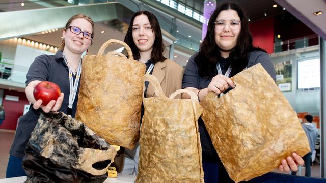 Drei junge Frauen halten braune Tüten in die Kamera. Die Tüten sehen nicht ganz glatt aus.