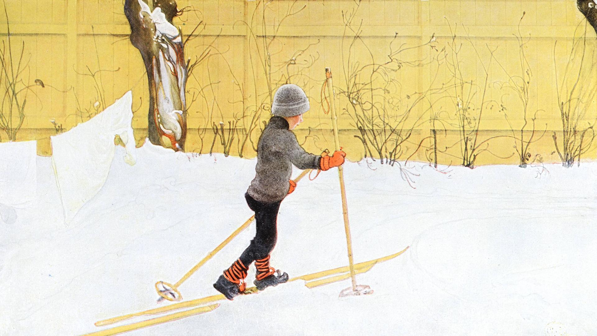 Kleiner Junge mit Skiern und Stöckern in einer Winterlandschaft. Illustration von 1917 zu Carl Larssons "Das Haus in der Sonne".