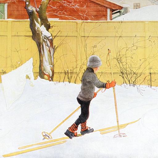 Kleiner Junge mit Skiern und Stöckern in einer Winterlandschaft. Illustration von 1917 zu Carl Larssons "Das Haus in der Sonne".
