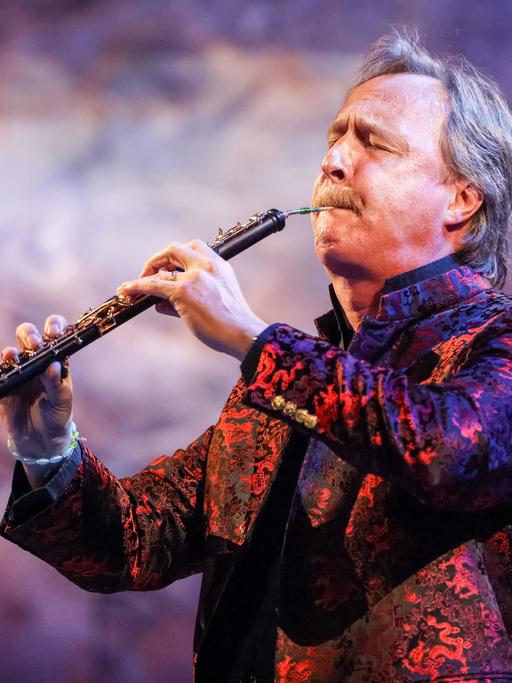 Ein Mann mit graumeliertem Haar spielt eine Oboe. Er trägt einen Oberlippenbart, sein Jackett erscheint in bunten Farben. Der Mann, Albrecht Mayer, ist im Profil zu sehen, er hat beim Spiel die Augen geschlossen. 