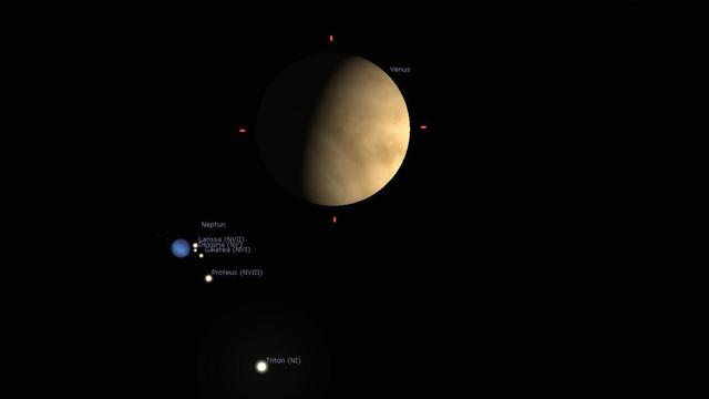 Die Planeten Venus und Neptun (mit etlichen Monden) kommen sich heute Abend am Himmel sehr nahe – von Europa aus ist das aber nicht zu sehen. 