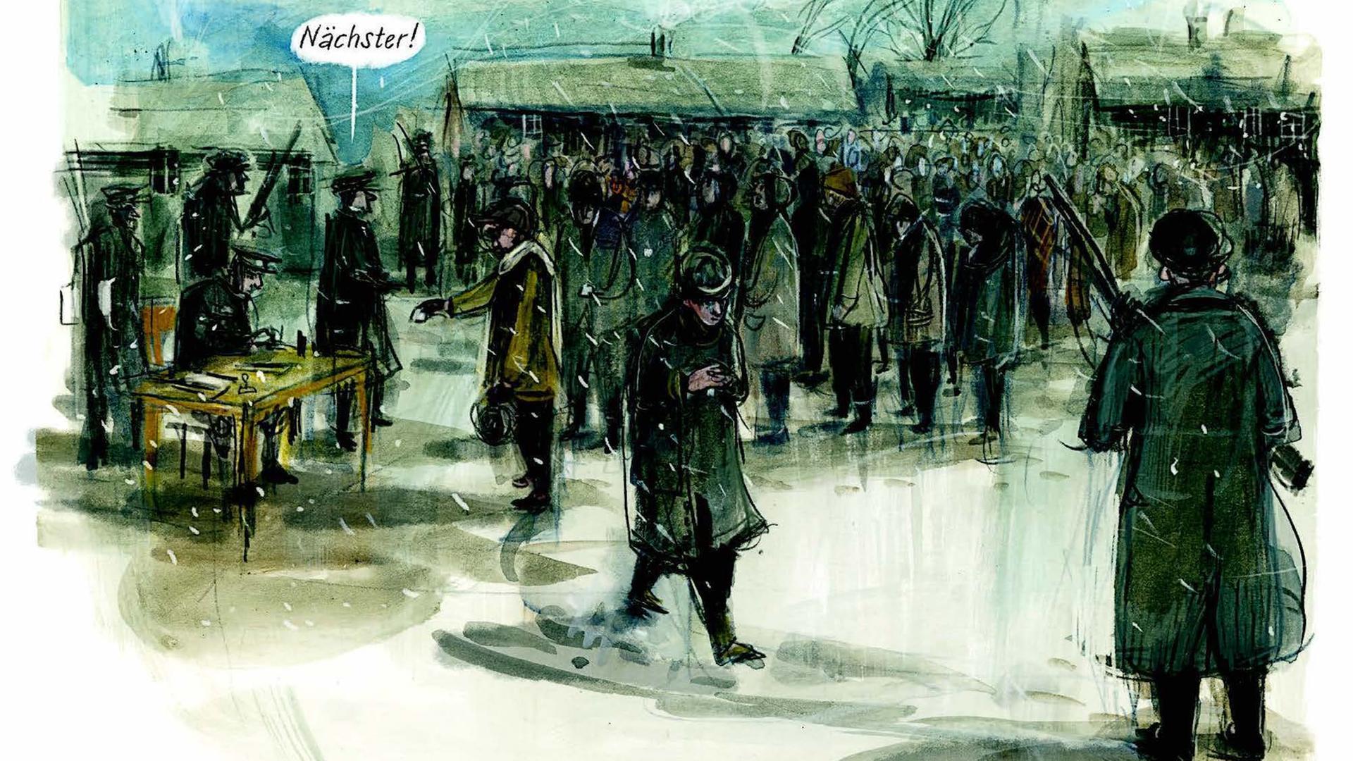 Die Illustration aus "Tagebuch eines Zwangsarbeiters" zeigt Männer, die im Schnee in einer langen Schlange vor einem Schreibtisch anstehen. Die Illustration aus "Tagebuch eines Zwangsarbeiters" zeigt Männer, die im Schnee in einer langen Schlange vor einem Schreibtisch anstehen.