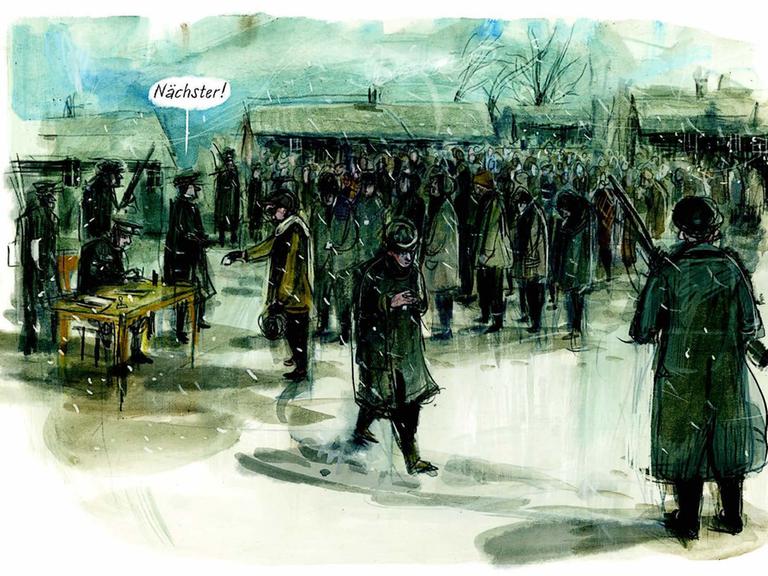 Die Illustration aus "Tagebuch eines Zwangsarbeiters" zeigt Männer, die im Schnee in einer langen Schlange vor einem Schreibtisch anstehen.