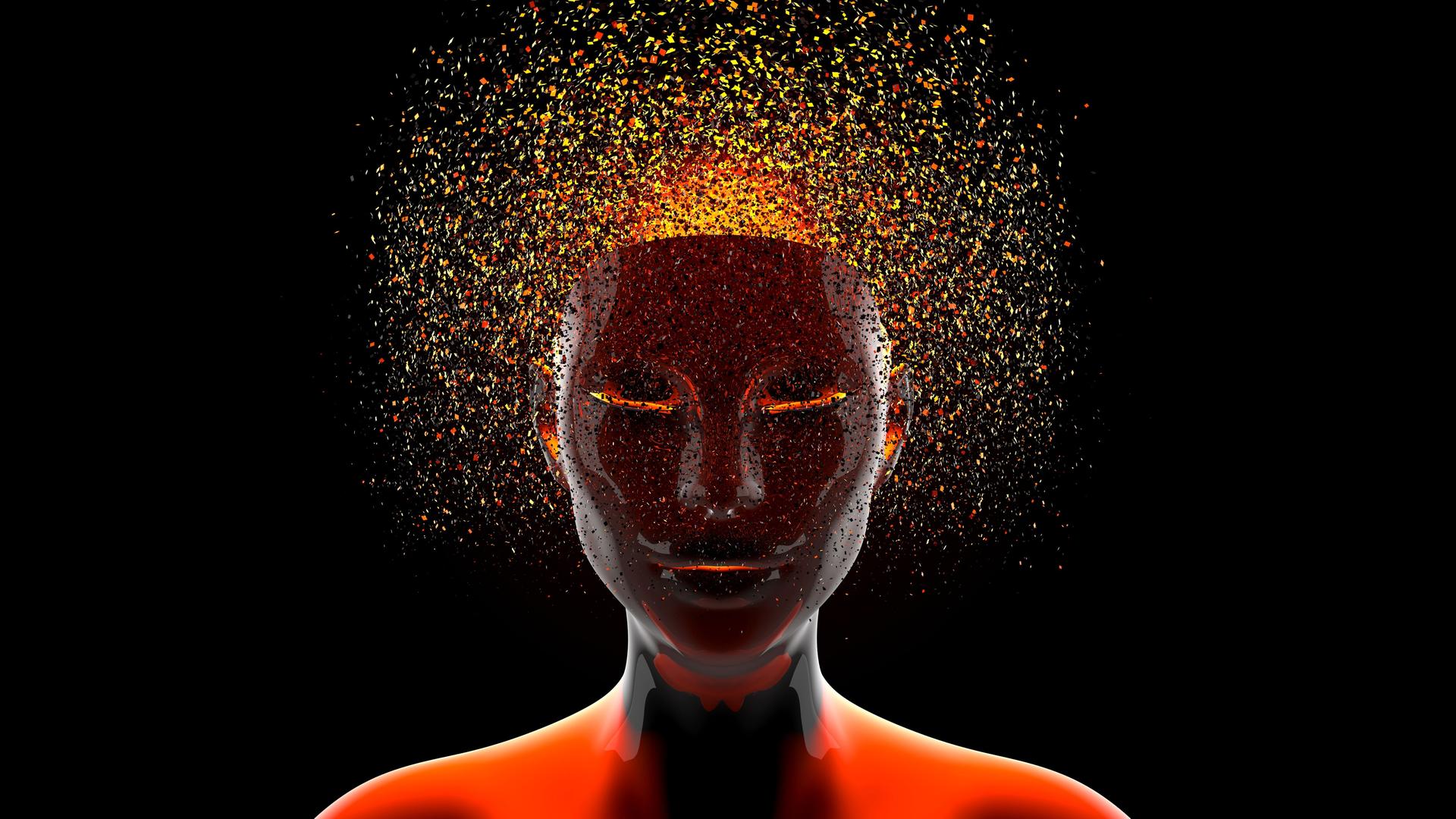 Die Illustration zeigt einen Kopf mit halbgeschlossenen Augen, um den herum sich viele bunte Punkte sammeln. Die Illustration zeigt einen Kopf mit halbgeschlossenen Augen, um den herum sich viele bunte Punkte sammeln.