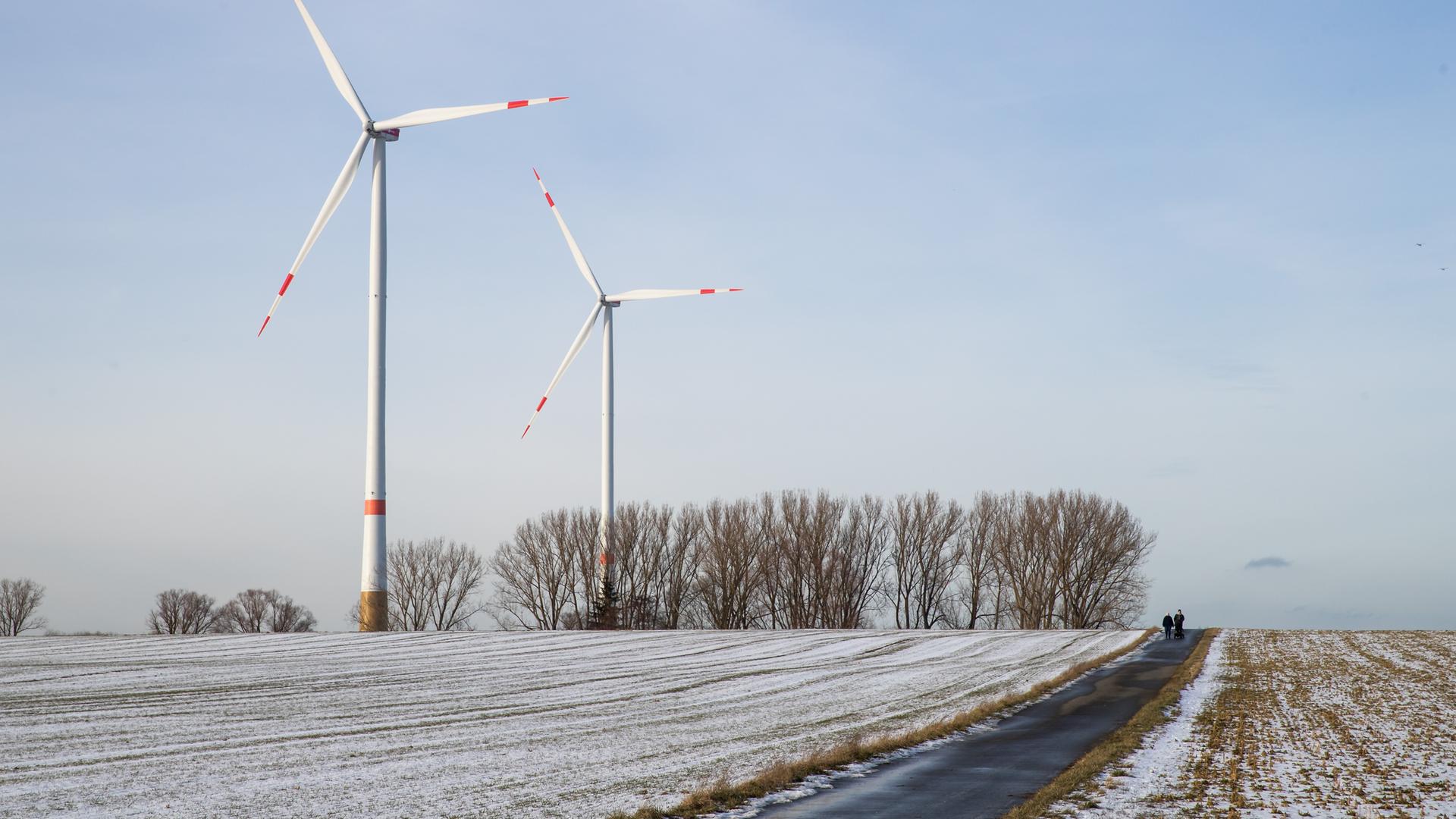 08.02.2019, Bayern, Sindersdorf: Spaziergänger gehen oberhalb eines mit Schnee bedeckten Ackers an Windrädern vorbei. 08.02.2019, Bayern, Sindersdorf: Spaziergänger gehen oberhalb eines mit Schnee bedeckten Ackers an Windrädern vorbei.