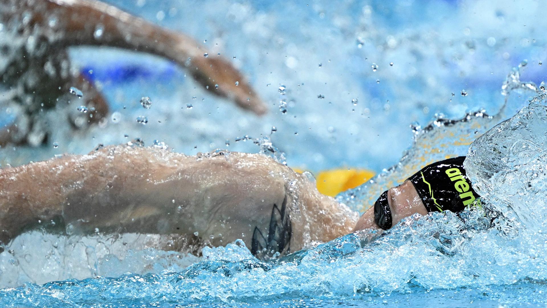 Ein Mann mit Bade-Kappe und Schwimm-Brille schwimmt. Es ist Florian Wellbrock. Ein Mann mit Bade-Kappe und Schwimm-Brille schwimmt. Es ist Florian Wellbrock.
